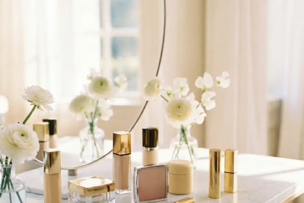 A luxury bridal makeup vanity with cosmetics and flowers in soft daylight