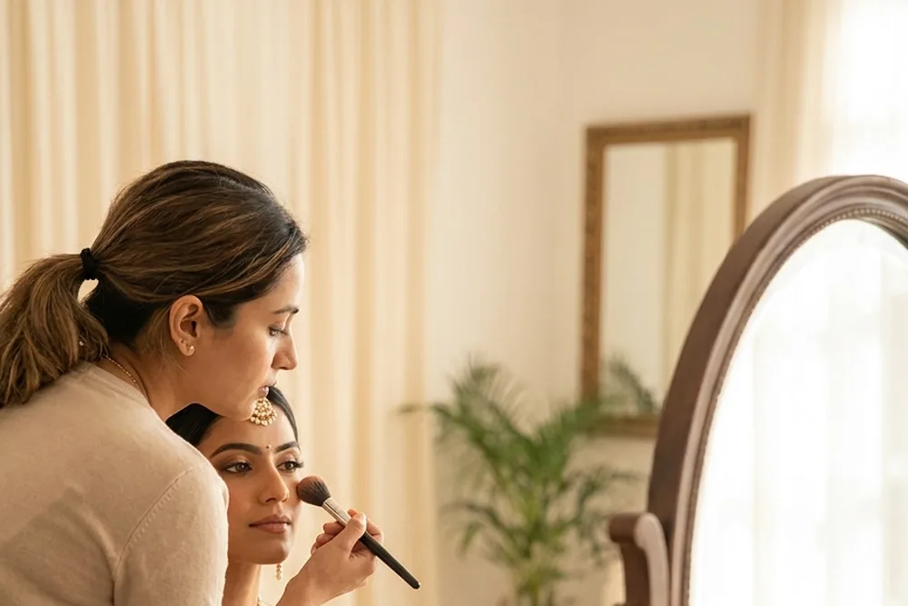 Bridal makeup artist applying makeup during a trial session
