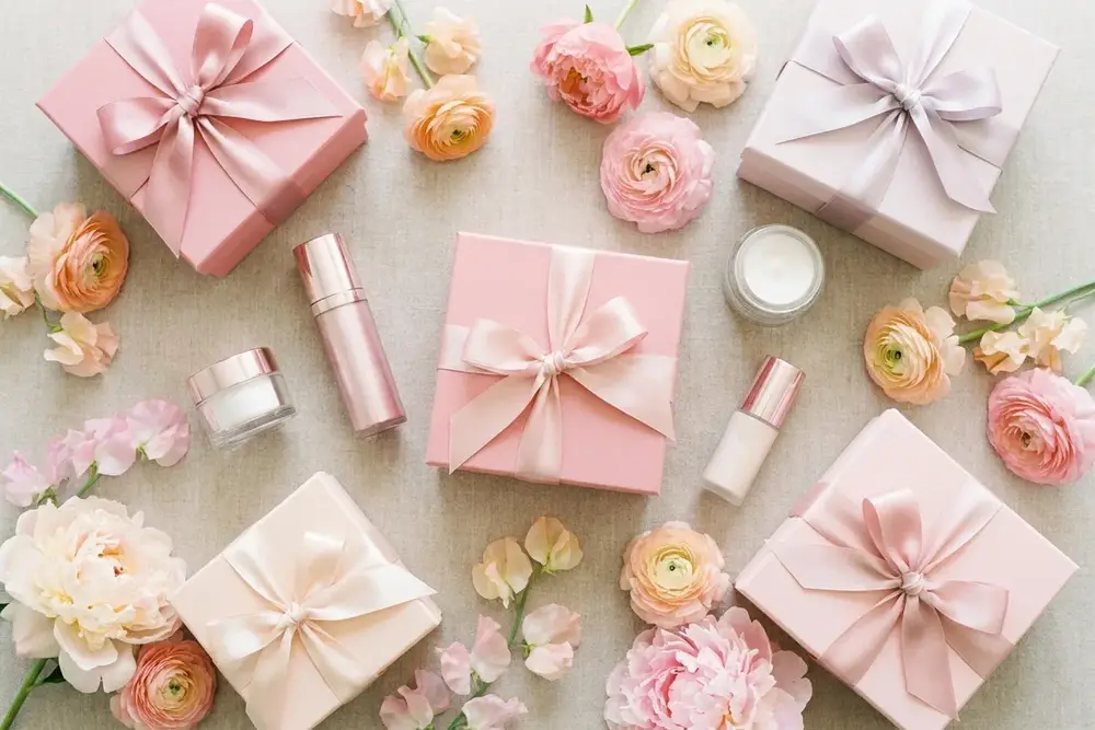 Flat lay of gift-wrapped bridesmaid beauty boxes with ribbons and flowers